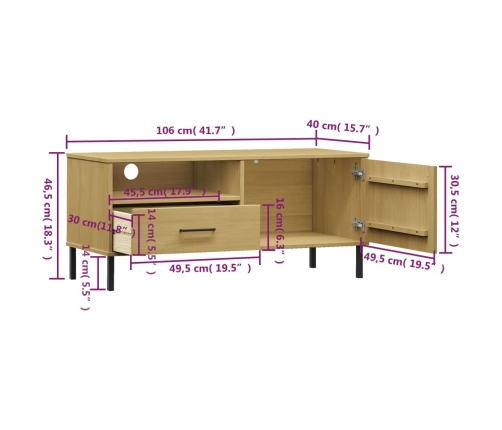 Mueble de TV con patas de metal OSLO madera maciza pino marrón