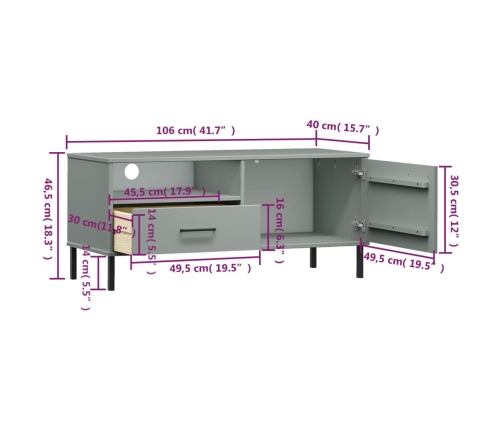 Mueble de TV con patas de metal OSLO madera maciza pino gris