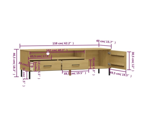 vidaXL Mueble de TV con patas de metal OSLO madera maciza pino marrón