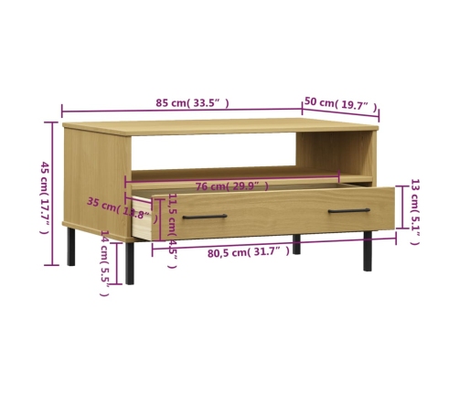 Mesa de centro patas metal OSLO madera maciza marrón 85x50x45cm