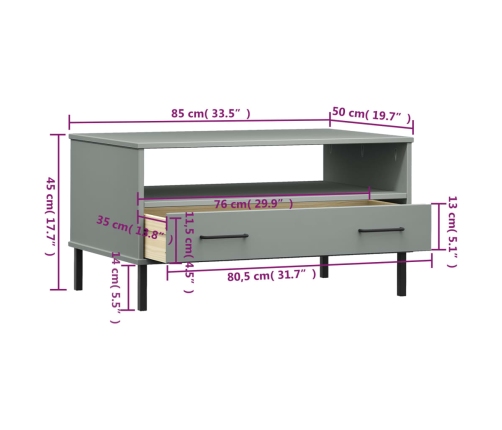 Mesa de centro patas metal OSLO madera maciza gris 85x50x45 cm