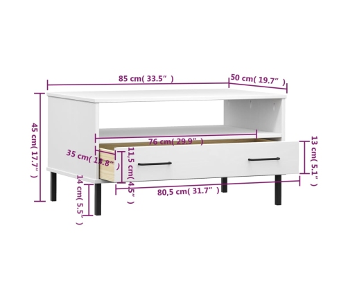 vidaXL Mesa de centro patas metal OSLO madera maciza blanco 85x50x45cm