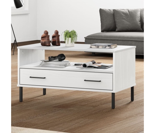 vidaXL Mesa de centro patas metal OSLO madera maciza blanco 85x50x45cm