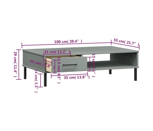 Mesa de centro con patas de metal OSLO madera maciza pino gris