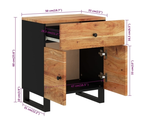 Mesita de noche madera acacia madera contrachapada 50x33x60 cm