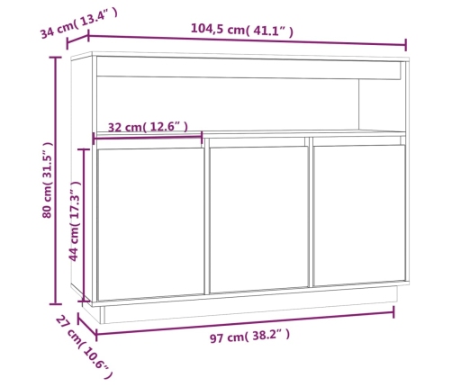 Aparador de madera maciza de pino 104,5x34x80 cm