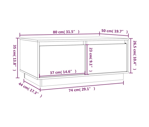 Mesa de centro de madera maciza de pino 80x50x35 cm