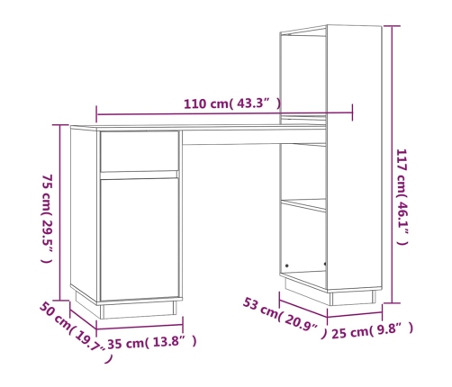 Escritorio de madera maciza de pino marrón miel 110x53x117 cm