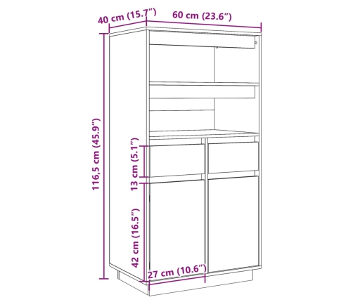 Aparador alto de madera maciza de pino 60x40x116,5 cm