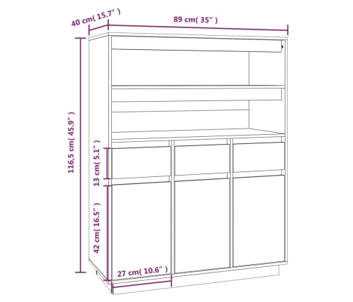 Aparador alto de madera maciza de pino blanco 89x40x116,5 cm