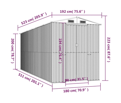 Cobertizo de jardín acero galvanizado verde 192x523x223 cm