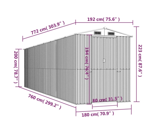 Cobertizo de jardín acero galvanizado verde 192x772x223 cm