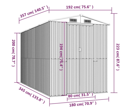 Cobertizo de jardín acero galvanizado gris claro 192x357x223 cm