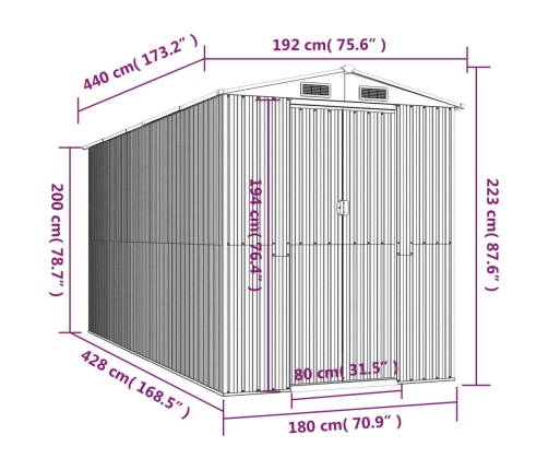 Cobertizo de jardín acero galvanizado gris claro 192x440x223 cm