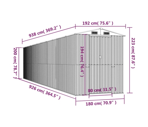 Cobertizo de jardín acero galvanizado gris claro 192x938x223 cm