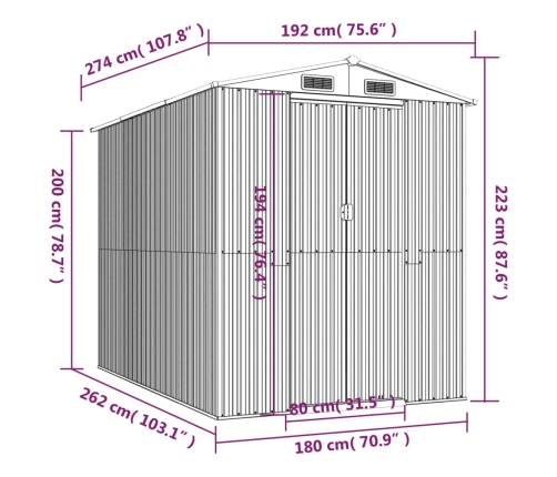 Cobertizo jardín acero galvanizado marrón oscuro 192x274x223 cm