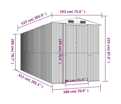 Cobertizo jardín acero galvanizado marrón oscuro 192x523x223 cm