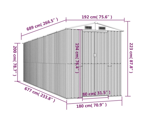 Cobertizo jardín acero galvanizado marrón oscuro 192x689x223 cm