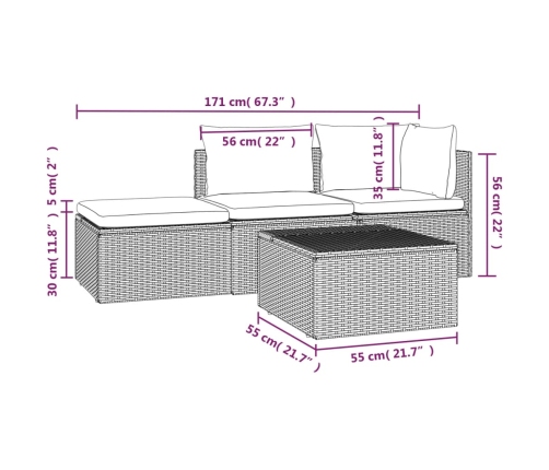 Set de muebles de jardín 4 pzas y cojines ratán sintético gris