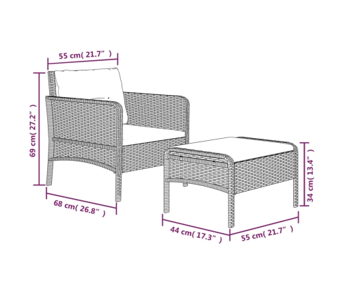 Set muebles de jardín 2 piezas y cojines ratán sintético marrón