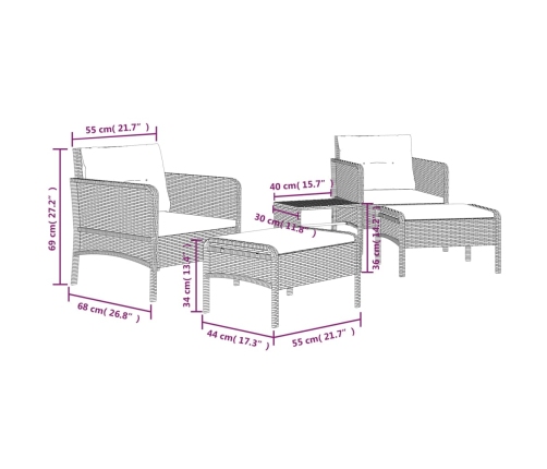 Set de muebles de jardín 5 pzas y cojines ratán sintético negro