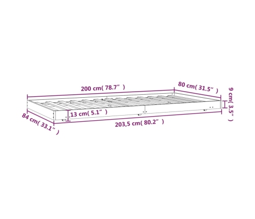 Estructura de cama madera maciza de pino gris 80x200 cm