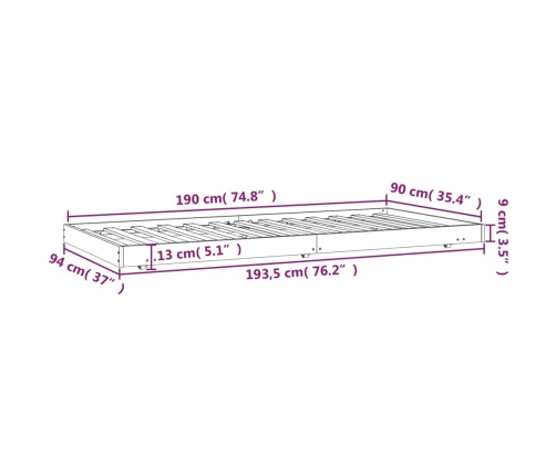 Estructura de cama sin colchón madera maciza de pino 90x190 cm