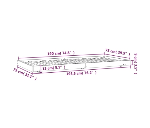 Estructura de cama sin colchón madera maciza blanca 75x190 cm