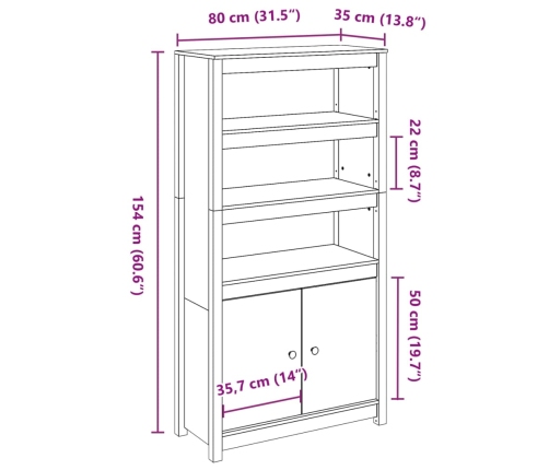 Aparador de madera maciza de pino 80x35x154 cm