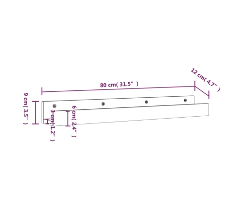 vidaXL Estantes de pared 2 uds madera maciza de pino 80x12x9 cm