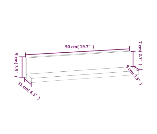 Estantes de pared 2 uds madera maciza de pino 50x11x9 cm