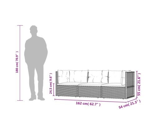 Set de muebles de jardín 3 pzas y cojines ratán sintético gris