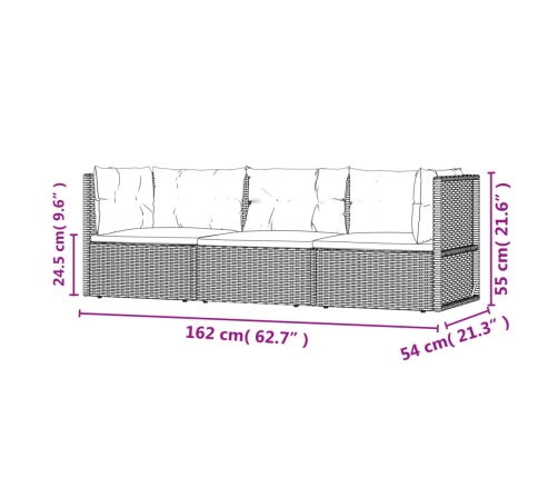 Set de muebles de jardín 3 pzas y cojines ratán sintético gris