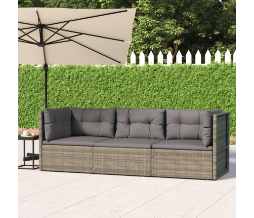 Set de muebles de jardín 3 pzas y cojines ratán sintético gris