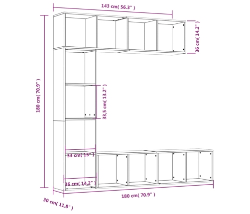 vidaXL Set de estanteria/mueble TV 3 pzas roble ahumado 180x30x180 cm