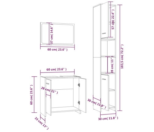 Set de muebles baño 3 pzas madera contrachapada roble ahumado