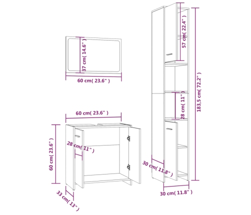 Set de muebles baño 3 pzas madera contrachapada roble marrón