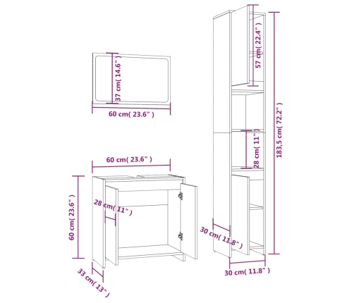 Set de muebles baño 3 pzas madera contrachapada roble ahumado