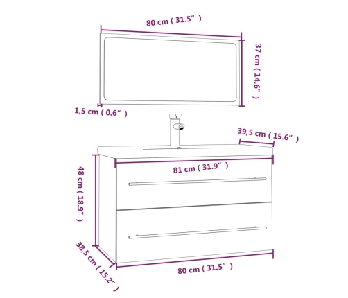 Conjunto de muebles de baño 3 piezas color roble Sonoma