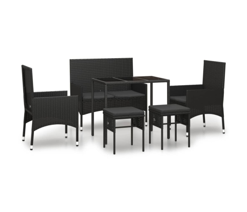 Set muebles de jardín 6 piezas y cojines ratán sintético negro