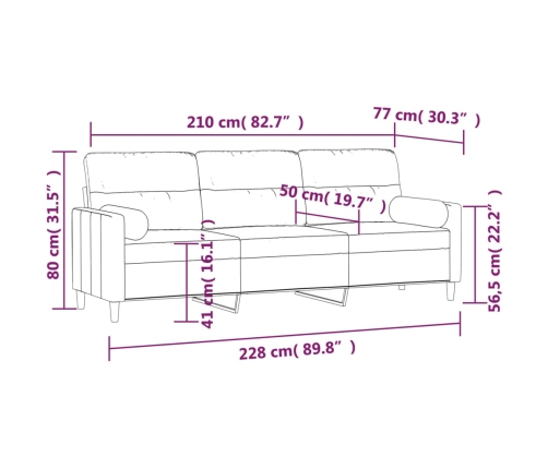 vidaXL Sofá de 3 plazas con almohadas y cojines tela gris claro 210 cm