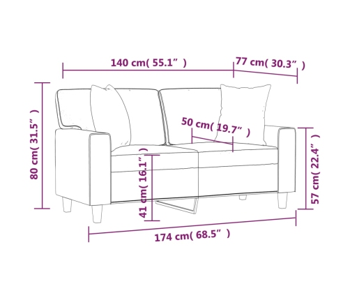 vidaXL Sofá 2 plazas almohadas y cojines cuero sintético negro 140 cm