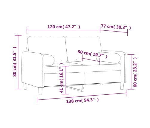 Sofá 2 plazas almohadas y cojines terciopelo gris claro 120 cm