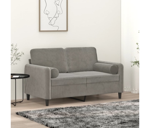 Sofá 2 plazas almohadas y cojines terciopelo gris claro 120 cm