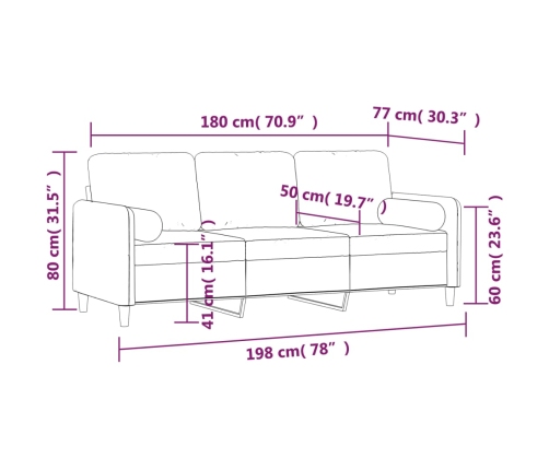 vidaXL Sofá 3 plazas almohadas y cojines terciopelo gris claro 180 cm