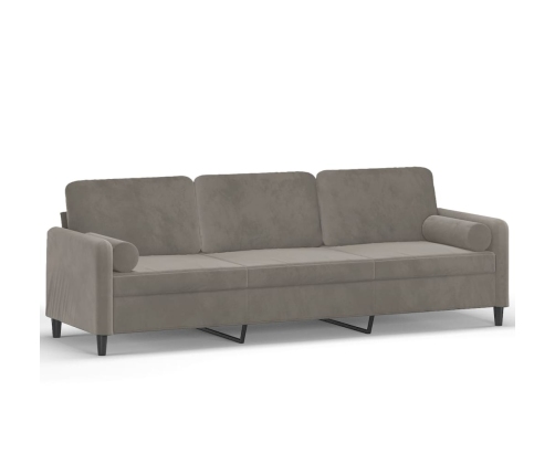 Sofá 3 plazas almohadas y cojines terciopelo gris claro 210 cm