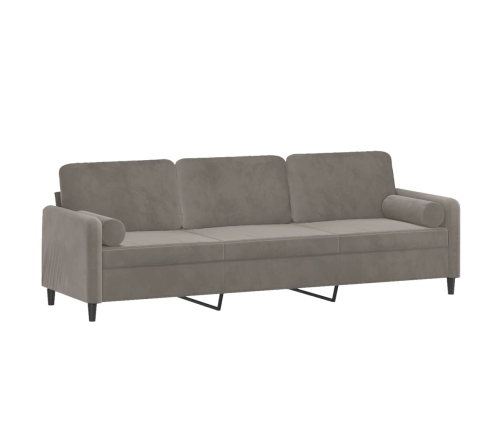 Sofá 3 plazas almohadas y cojines terciopelo gris claro 210 cm