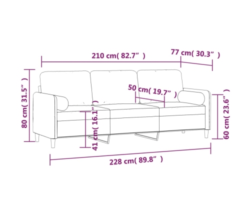 Sofá 3 plazas almohadas y cojines terciopelo gris claro 210 cm