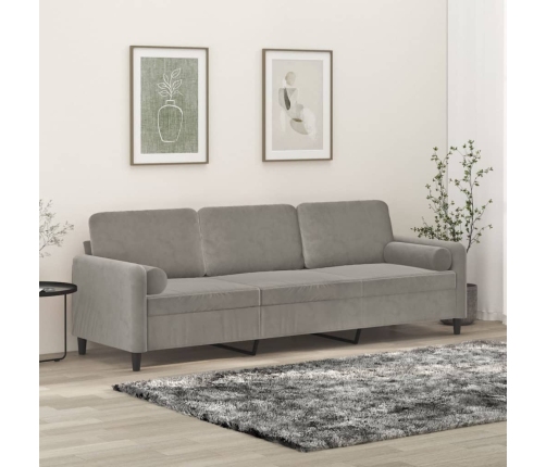 Sofá 3 plazas almohadas y cojines terciopelo gris claro 210 cm