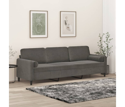 Sofá 3 plazas almohadas y cojines terciopelo gris oscuro 210 cm